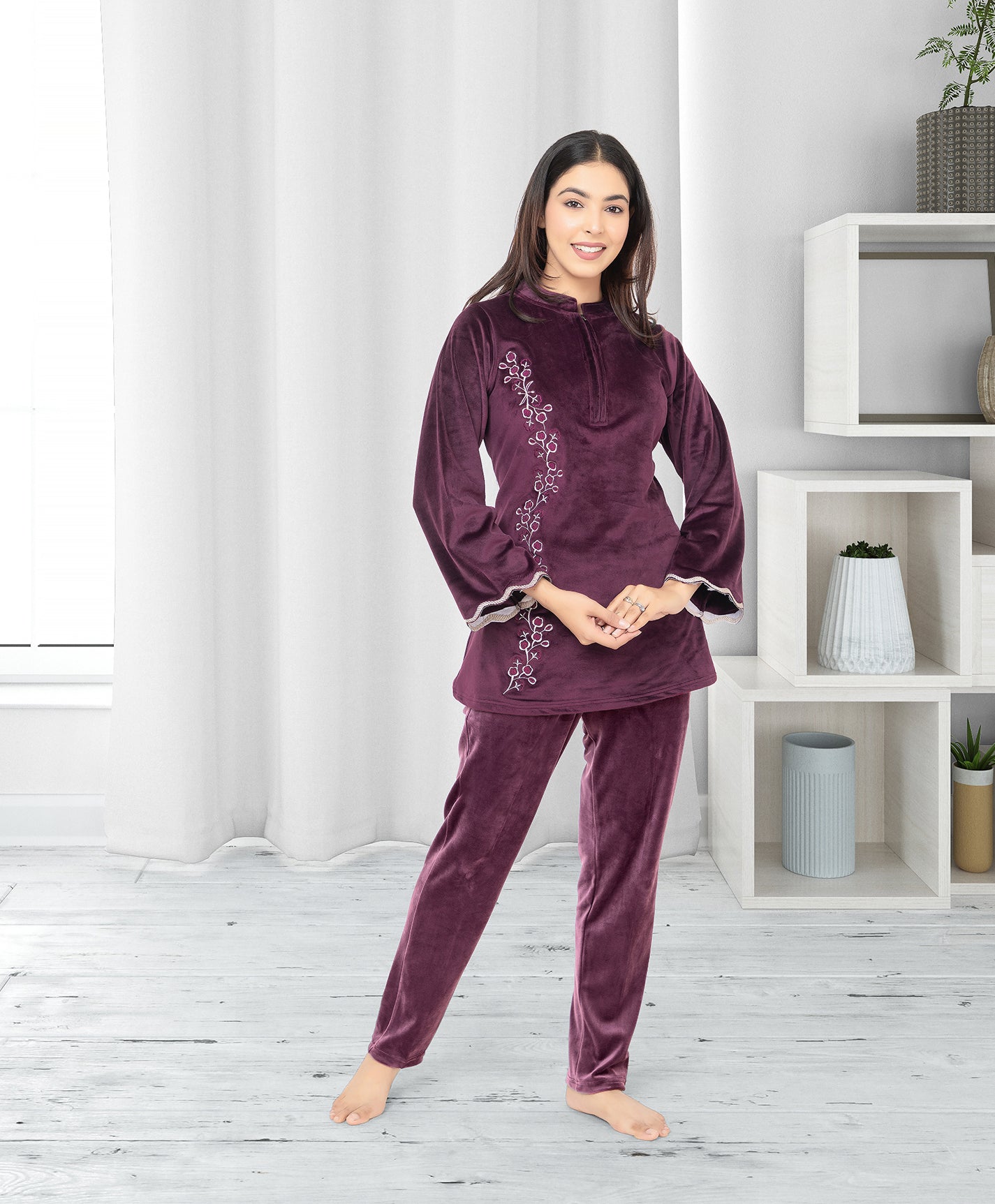 Embroided Velvet Night Suit Melini India